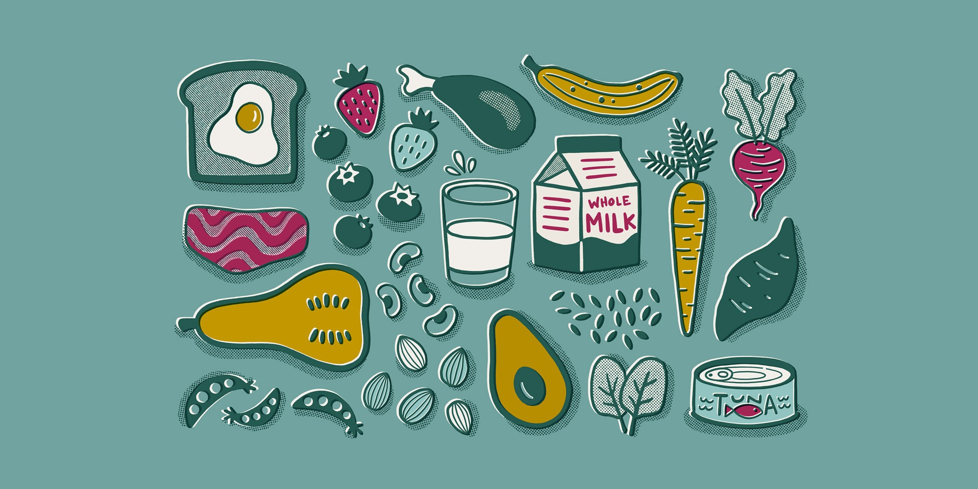 Illustration of a banana, toast, chicken, carrot and other whole foods.