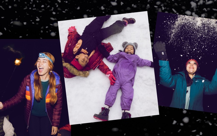A collage of people enjoying winter outdoors.