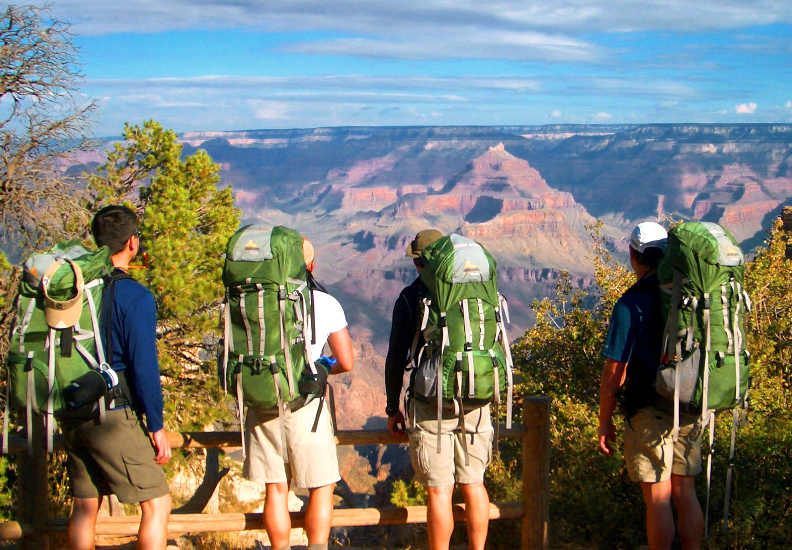 Four backpackers looking out at distance mesas.