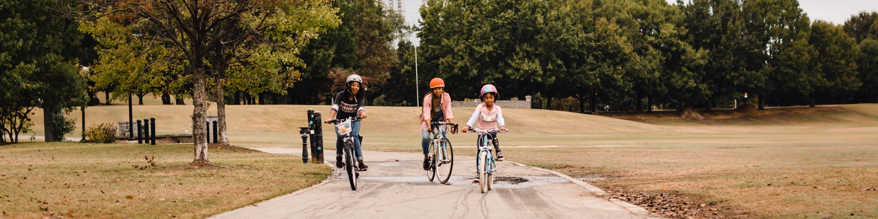 A family riding bikes on a path in a park