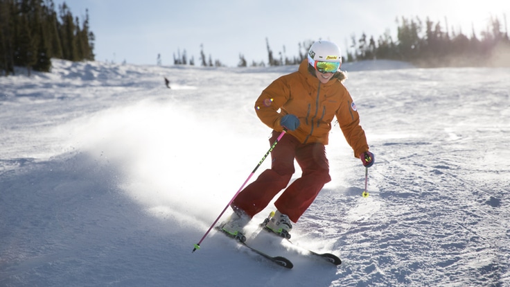 A skier making a parallel turn on the slopes