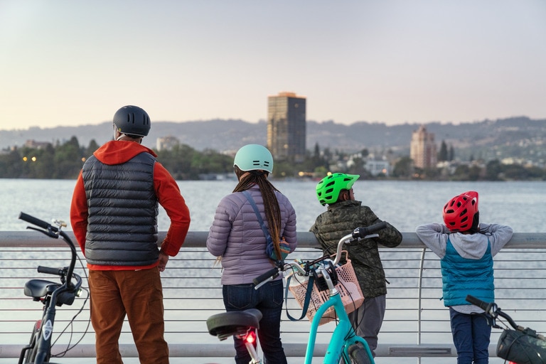 A family of cyclists looking across the water in a city