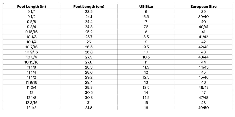 Running Wear Size Chart