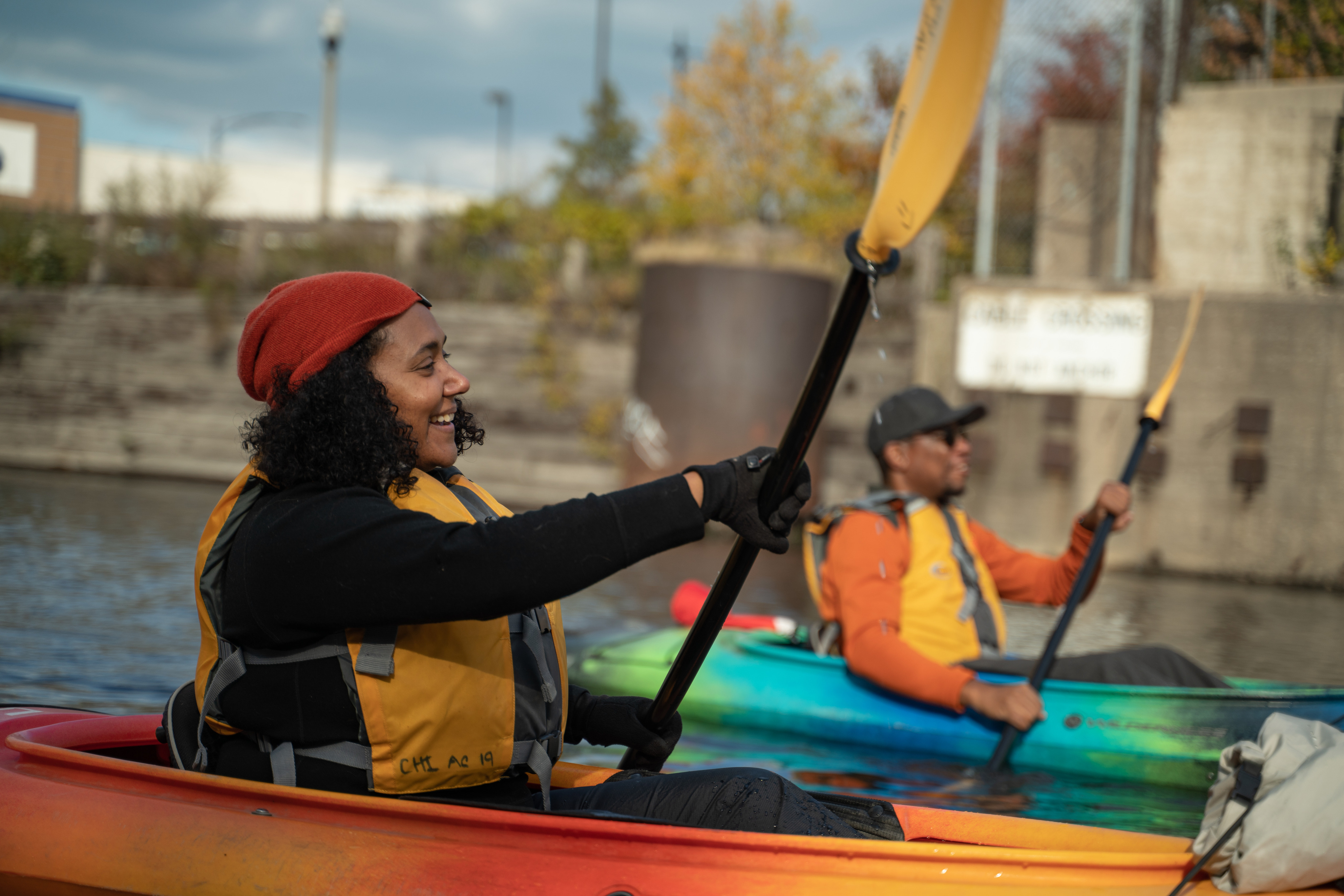 Two people kayaking.
