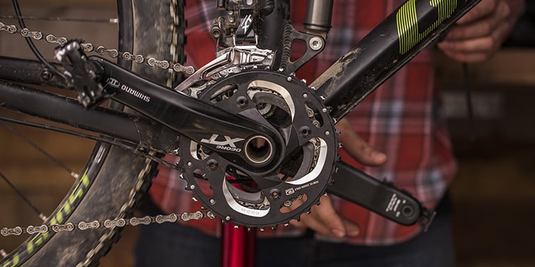 A detail shot of a bike's crankset