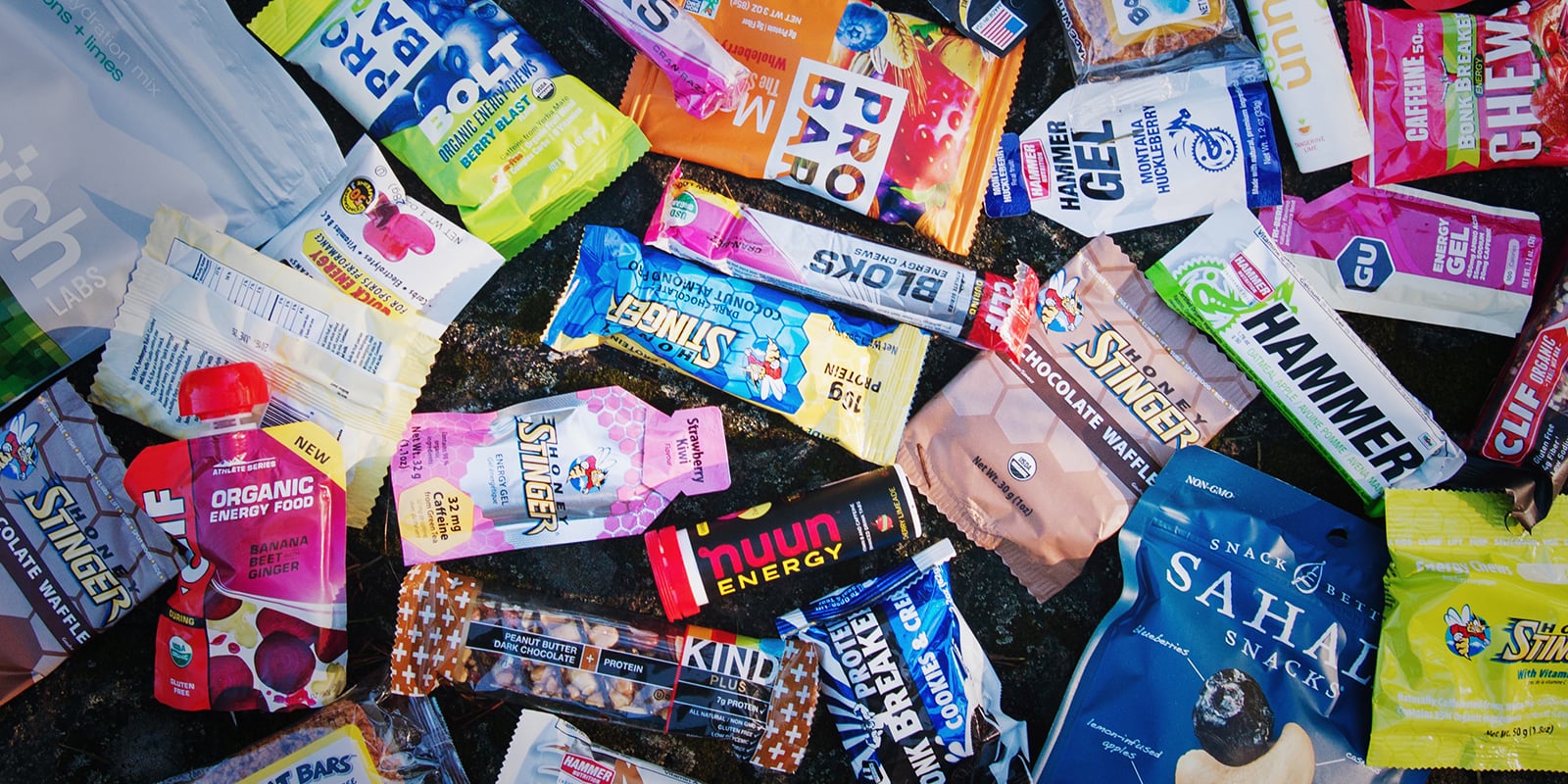 Variety of energy bars, gels and snacks