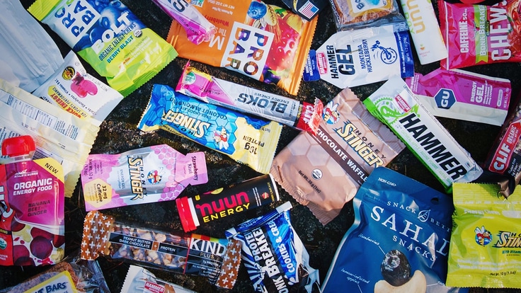 Variety of energy bars, gels and snacks