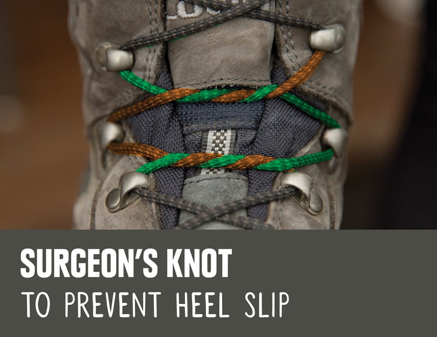 REI Expert Advice: How to Lace Hiking Boots - detail of the surgeon's knot method of tying boot laces to prevent heel slip