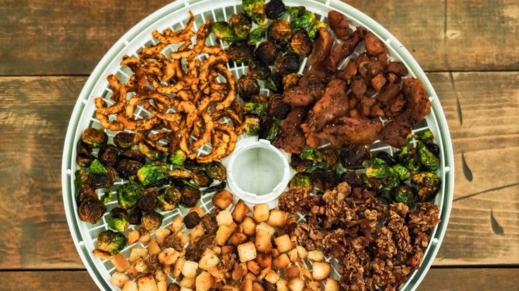 Brussels sprouts, turkey, stuffing and squash on a dehydrator.