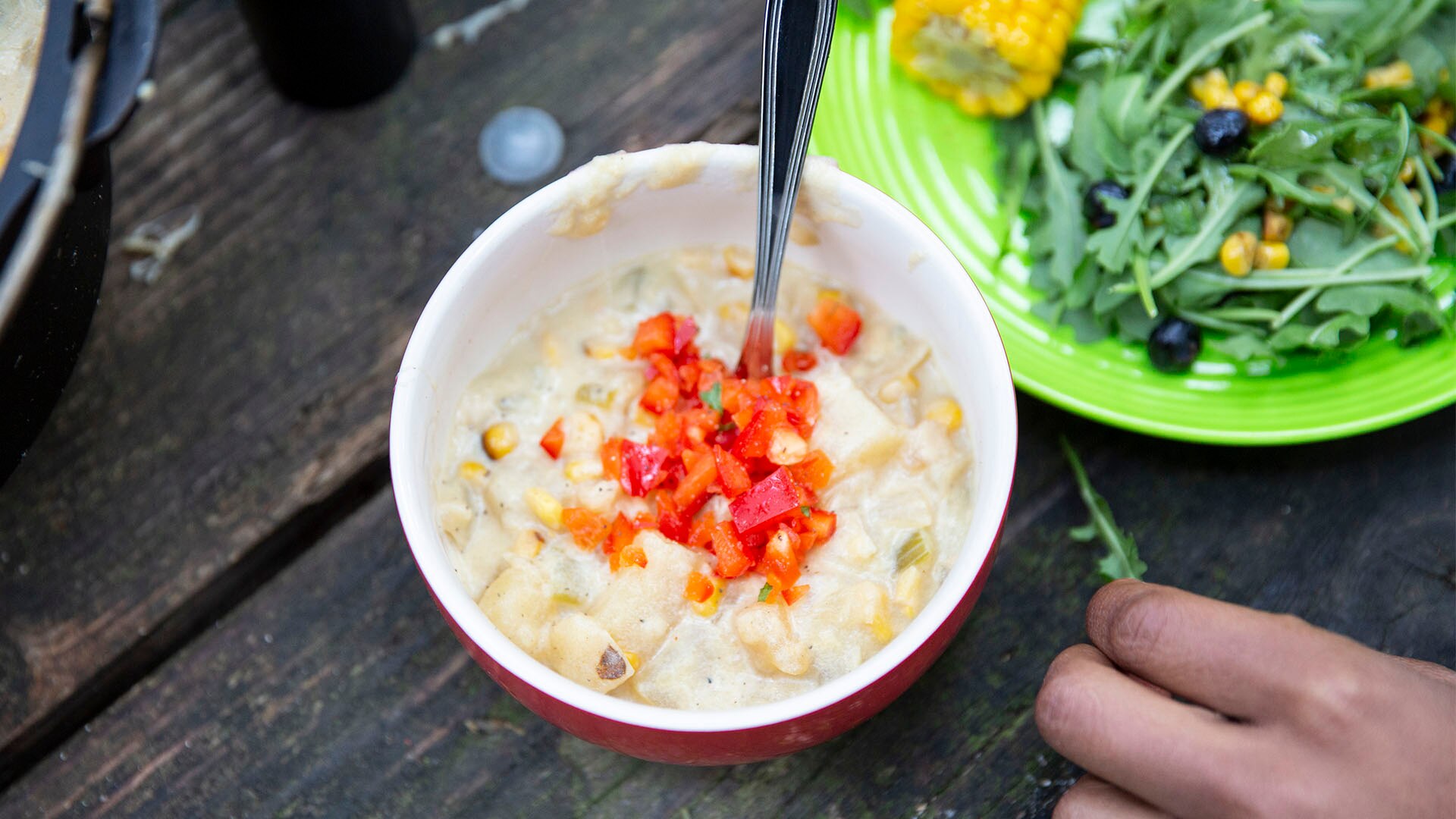 Corn chowder, salad, and corn on-the-cob