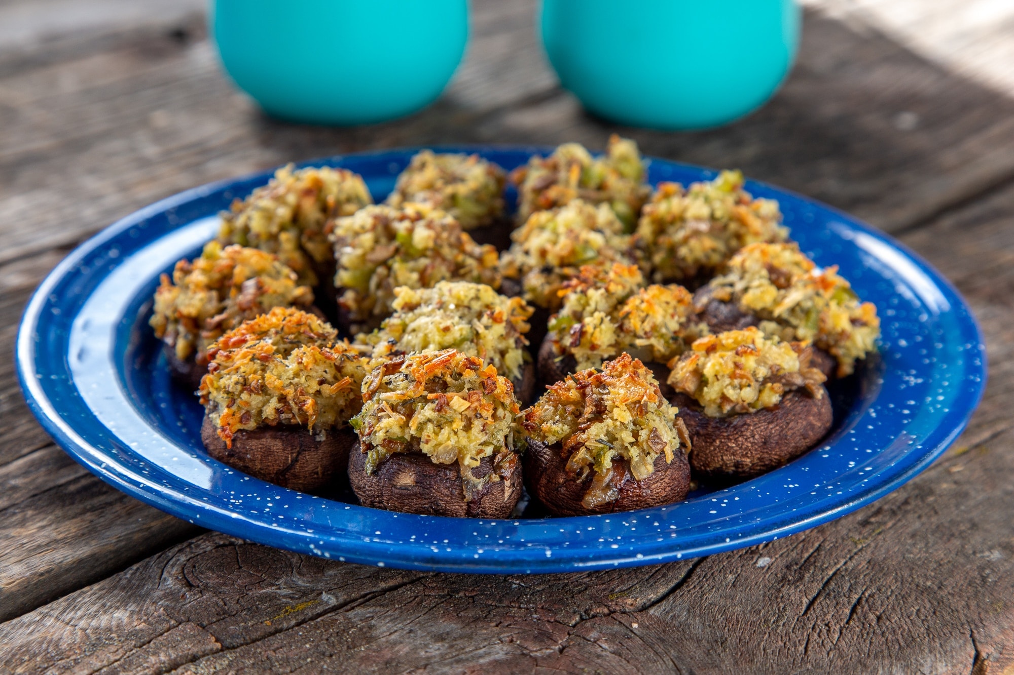 Thanksgiving stuffed mushrooms, plated and ready to serve