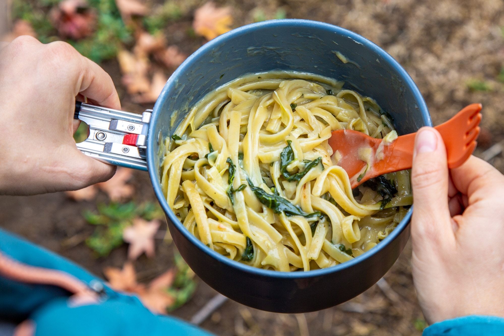 Backpacking fettuccine alfredo in a pot ready to serve
