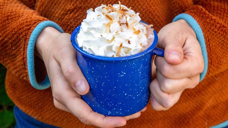 Toasted coconut hot chocolate in a cup