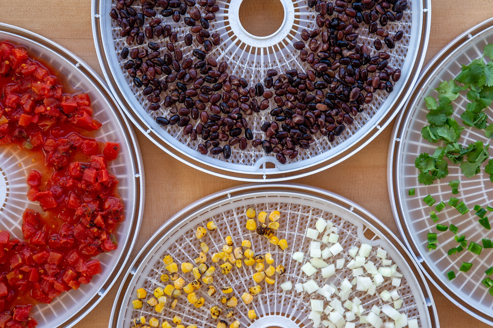 Photo of dehydrated beans, corn and other food.