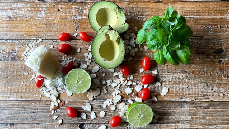 A bird's-eye shot of the ingredients that go into the avocado bowl.