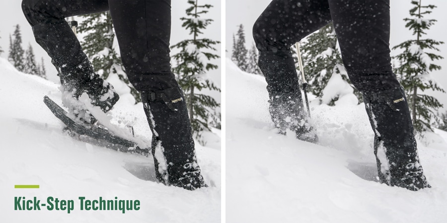 Snowshoeing kick-step technique