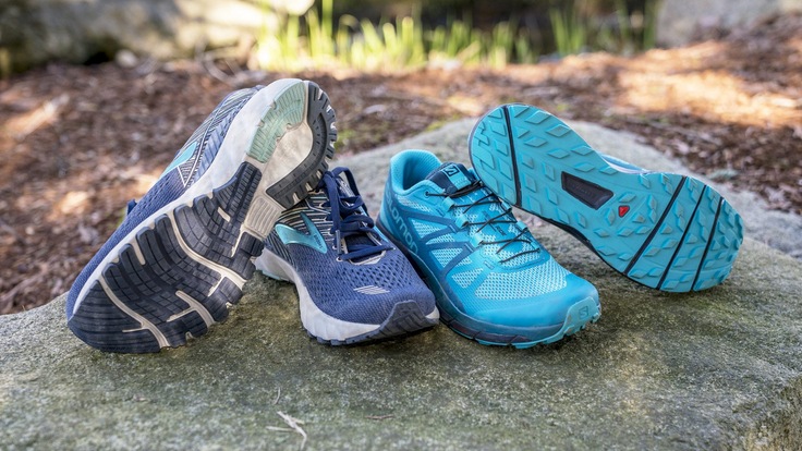 Road running shoes versus trail running shoes.