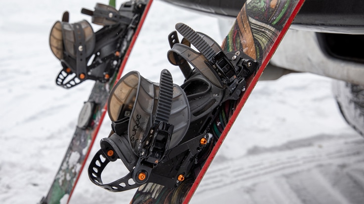 A close up image of splitboard bindings
