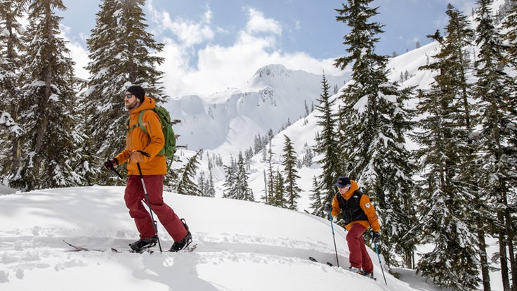 A backcounty skier and a backcountry snowboarder travel on backcountry skis and splitboard