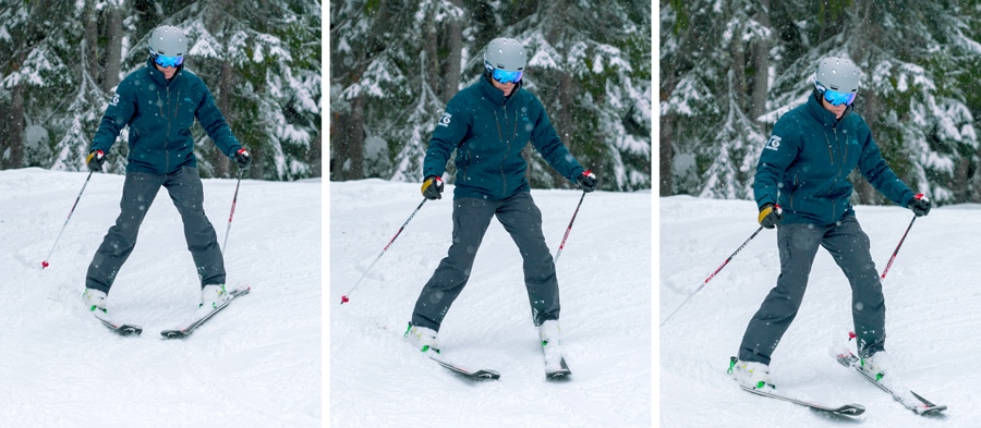 een skiër die laat zien hoe je een wig afslag maakt