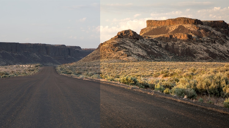 a landscape at sunset with edits applied on the right half of the image