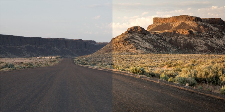 a landscape at sunset with edits applied on the right half of the image