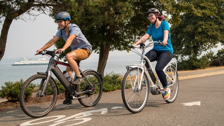 two happy e-bikers on the trail