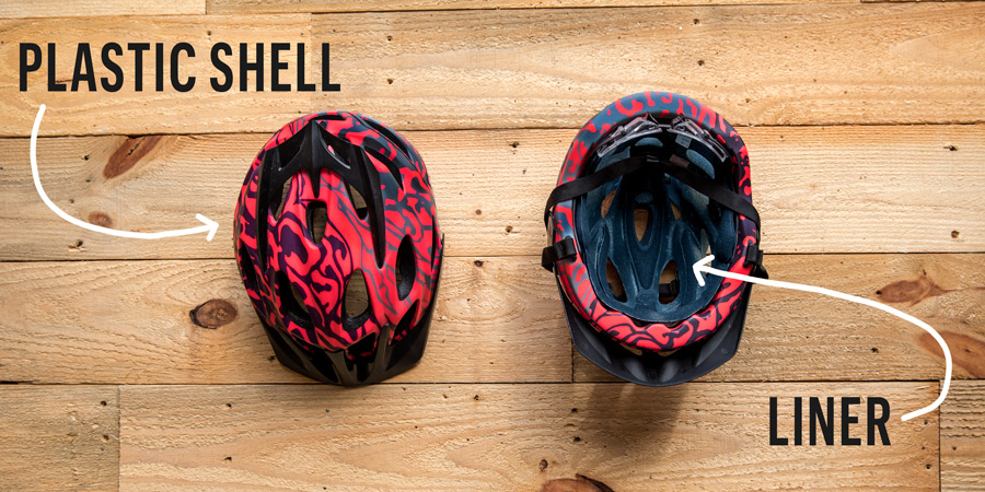 two helmets side-by-side, showing the outer plastic shell and inner liner