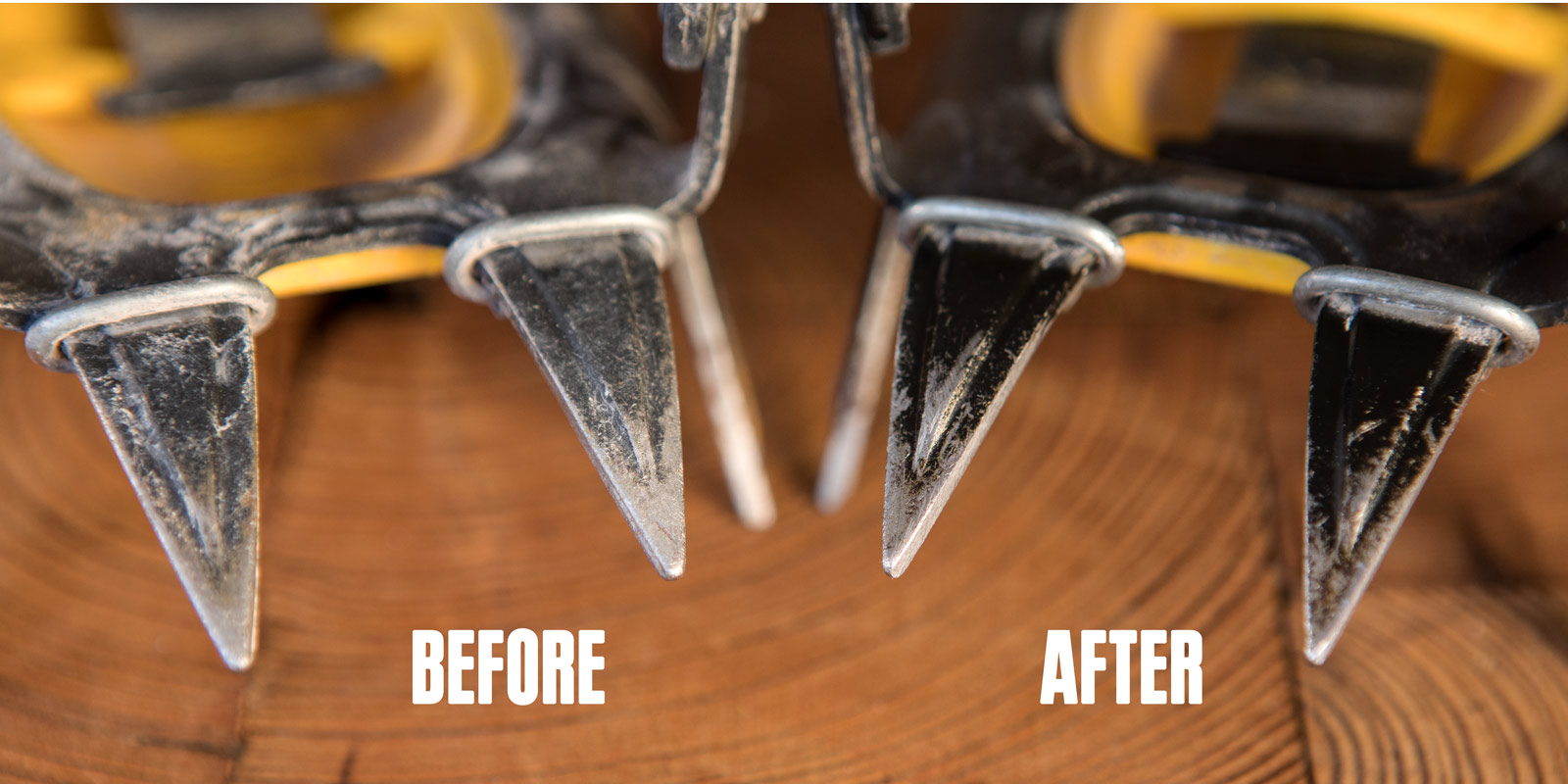 dull and sharpened points on a pair of crampons