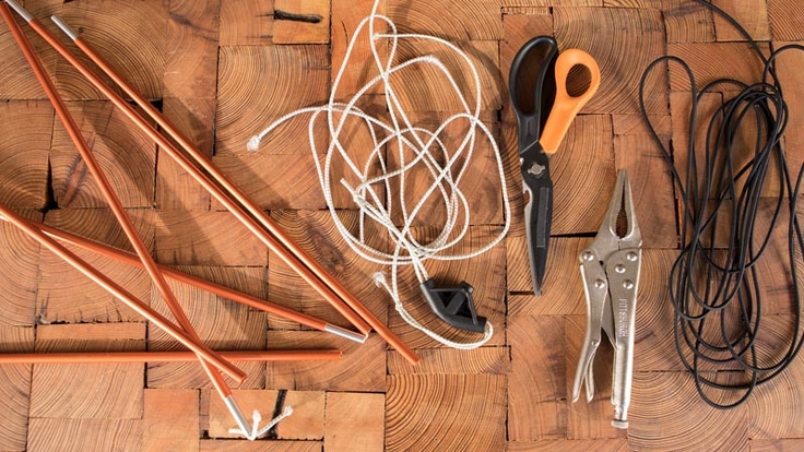 Tools and supplies for fixing a broken tent pole