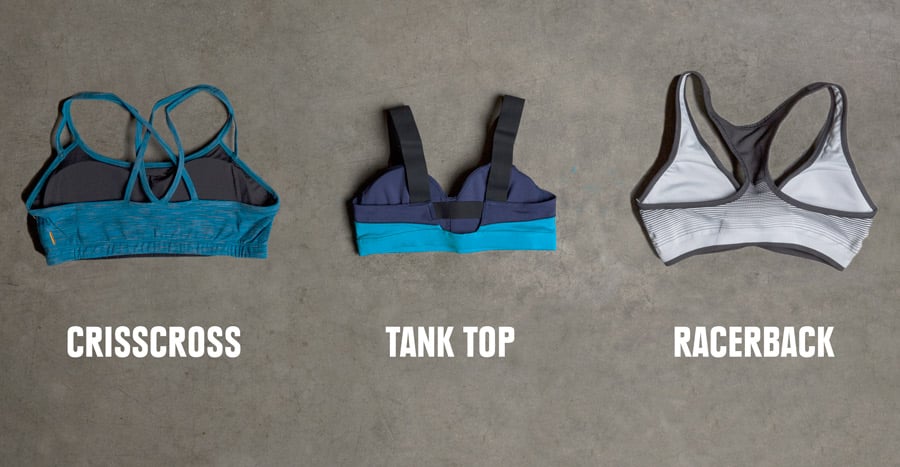 Examples of crisscross, tank top, and racerback sports bra straps