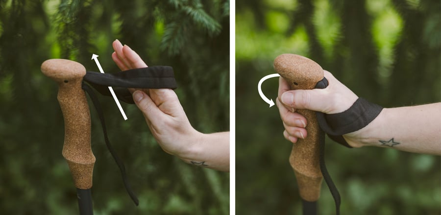 illustration of how to properly use the wrist straps on trekking poles