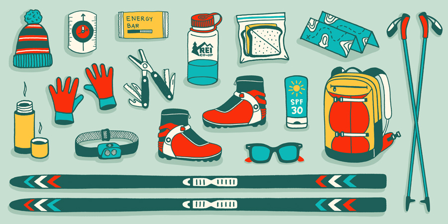 An illustration of items to bring cross country skiing