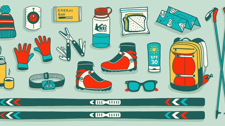 An illustration of items to bring cross country skiing