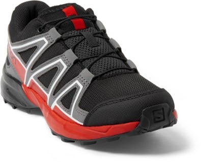 Salomon Speedcross Trail-Running Shoes - Kids' 3/4 view (Black/Quiet Shade/High Rsk Red)