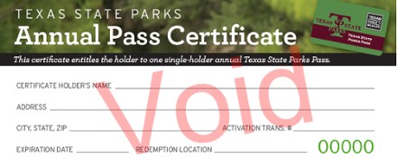  Texas State Parks Annual Pass Certificate 1