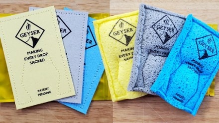 Geyser Systems Replacement EcoScrub Sponges - Package of 3 Shown compressed for easy packing and expanded with water