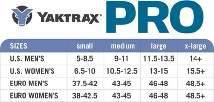 Yaktrax Pro Traction System size chart (Black)