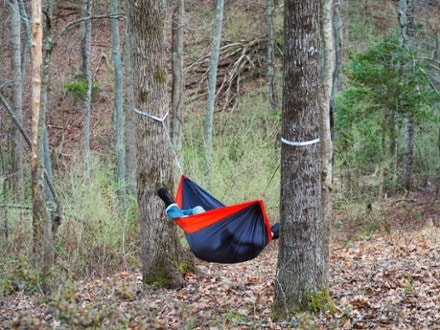 ENO SuperSub Hammock In use (Charcoal/Orange)