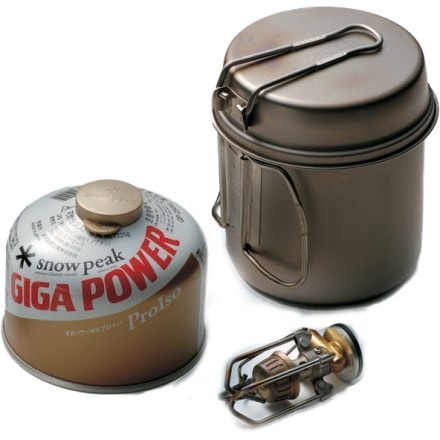 Snow Peak Trek 1400 Titanium Cookset Shown with stove and fuel canister (not included)