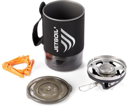Jetboil MicroMo Cooking System Pot with bottom cover, pot lid, stove, and fuel can stabilizer (Carbon)