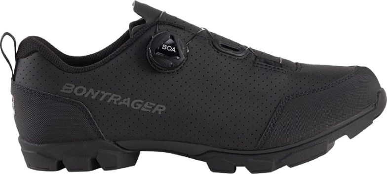 Grey Bontrager Evoke gravel bike shoe with three velcro straps (view on the right shoe from the right side)