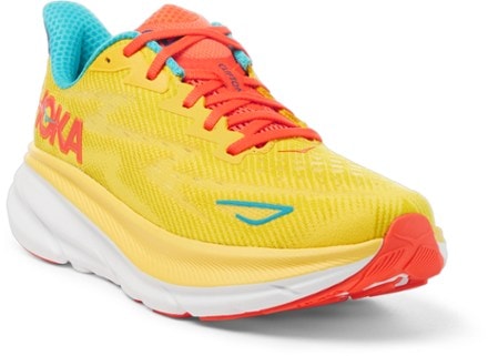 HOKA Clifton 9 Road-Running Shoes - Men's 3/4 view (Passion Fruit/Maize)