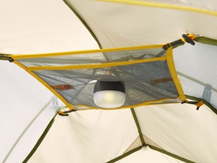 Mountainsmith Morrison EVO 4 Tent with Footprint Light (sold separately) hung on gear loop (Cactus Green)