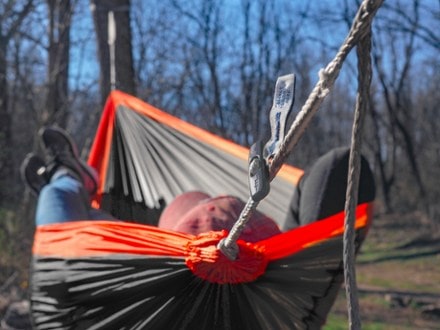 ENO SuperSub Hammock In use (Charcoal/Orange)