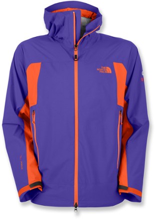 purple and orange north face jacket