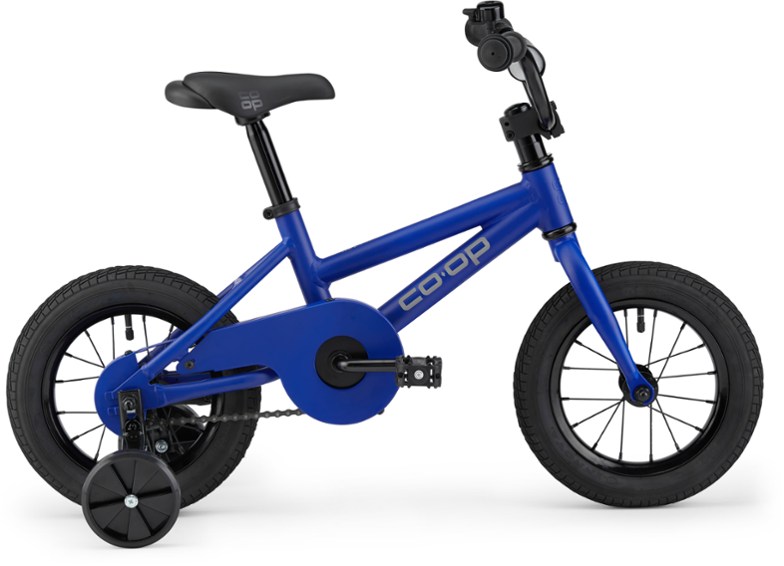 blue kids road bike with training wheels