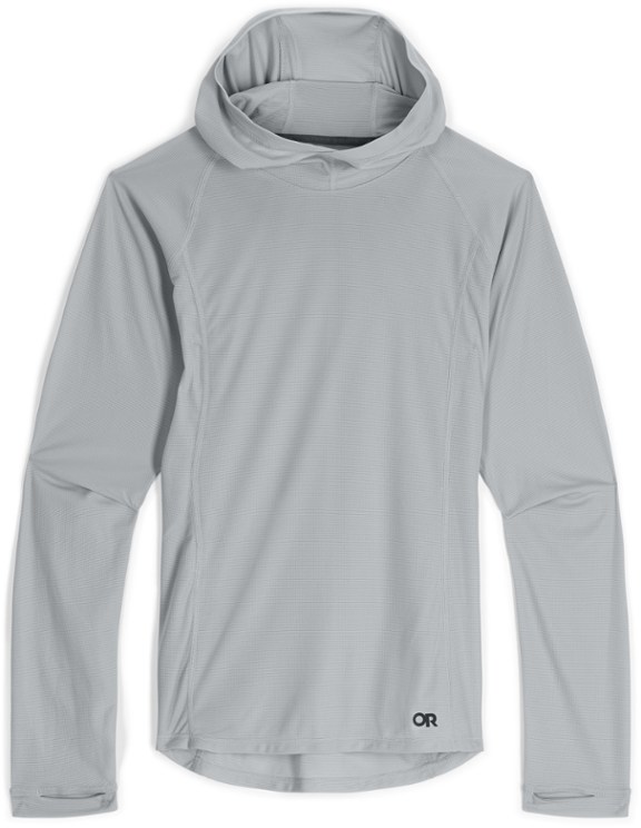 Grey long-sleeve, hooded sun shirt with OR logo in black at the bottom right.