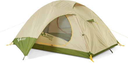 Mountainsmith Morrison EVO 2 Tent with Footprint 3/4 front view with rainfly (Cactus Green)