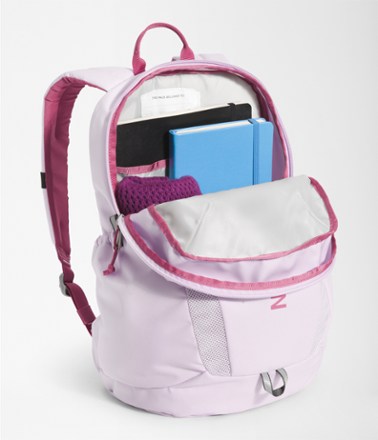 pink and white north face backpack